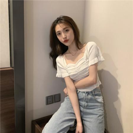 BY13409# 复古方领露锁骨褶皱木耳边短袖针织衫 服裝批發女裝批發服飾貨源