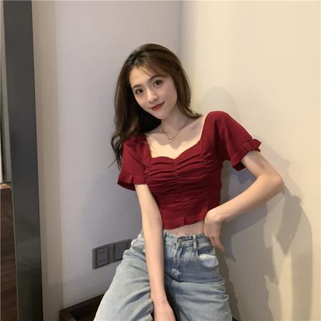 BY13409# 复古方领露锁骨褶皱木耳边短袖针织衫 服裝批發女裝批發服飾貨源