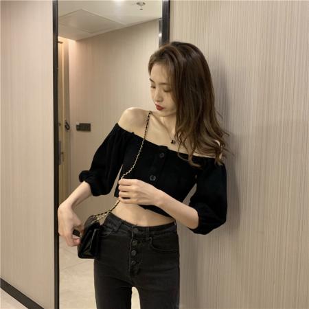 BY13412# 韩版时尚百搭一字肩露肩短款打底上衣显瘦排扣T恤 服裝批發女裝批發服飾貨源