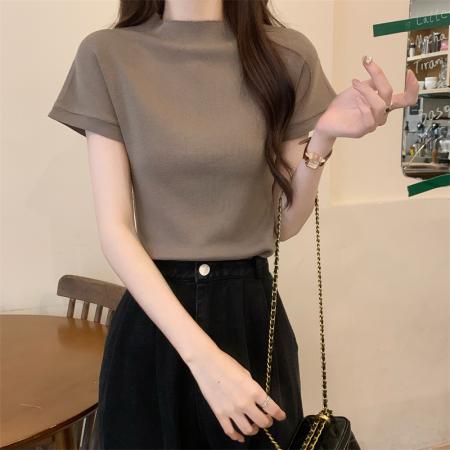 BY13413# 韩版新款夏装肩连袖半高领短款冰丝毛针织T恤 服裝批發女裝批發服飾貨源