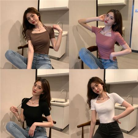 BY13415# 新款港味露锁骨性感显瘦打底衫女紧身短款短袖t恤上衣 服裝批發女裝批發服飾貨源