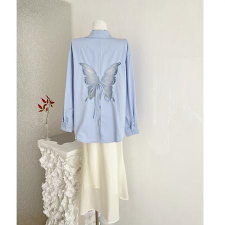 BY13417# 蕾英俊蝶序蝴蝶网纱刺绣宽松衬衫女春慵懒风设计感套装 服裝批發女裝批發服飾貨源