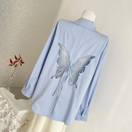 BY13417# 蕾英俊蝶序蝴蝶网纱刺绣宽松衬衫女春慵懒风设计感套装 服裝批發女裝批發服飾貨源