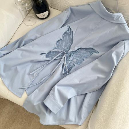 BY13417# 蕾英俊蝶序蝴蝶网纱刺绣宽松衬衫女春慵懒风设计感套装 服裝批發女裝批發服飾貨源