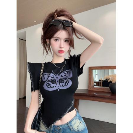 BY13418# 夏季辣妹设计小众不规则圆领短款蝴蝶短袖T恤显瘦上衣女 服裝批發女裝批發服飾貨源