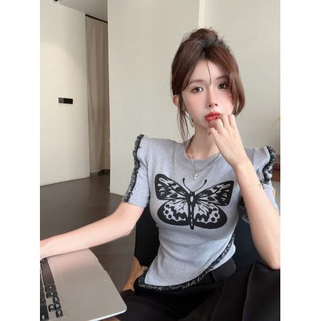 BY13418# 夏季辣妹设计小众不规则圆领短款蝴蝶短袖T恤显瘦上衣女 服裝批發女裝批發服飾貨源