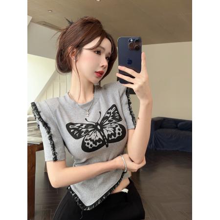 BY13418# 夏季辣妹设计小众不规则圆领短款蝴蝶短袖T恤显瘦上衣女 服裝批發女裝批發服飾貨源