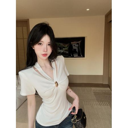 BY13420# 夏季复古辣妹褶皱v领短袖t恤女外穿设计感气质显瘦上衣女 服裝批發女裝批發服飾貨源