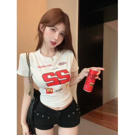 BY13422# 夏季修身显瘦短袖T恤短款甜辣妹纯欲赛车风正肩上衣女 服裝批發女裝批發服飾貨源