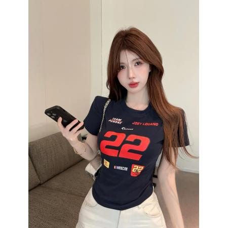 BY13422# 夏季修身显瘦短袖T恤短款甜辣妹纯欲赛车风正肩上衣女 服裝批發女裝批發服飾貨源