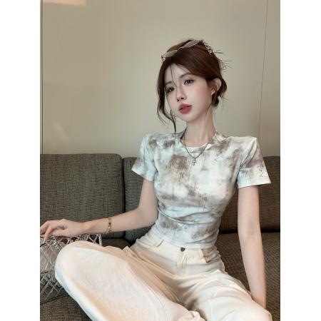 BY13423# 美式蝴蝶图案扎染印花短袖T恤女夏季短款修身显瘦上衣 服裝批發女裝批發服飾貨源