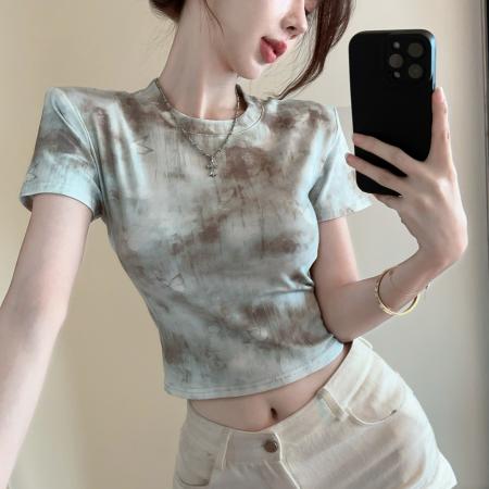 BY13423# 美式蝴蝶图案扎染印花短袖T恤女夏季短款修身显瘦上衣 服裝批發女裝批發服飾貨源