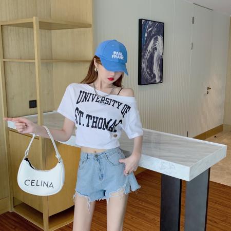 BY13424# 高腰显瘦短袖T恤女夏季露肩小心机破洞设计字母短款上衣 服裝批發女裝批發服飾貨源