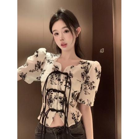 BY13425# 中国风盘扣短袖上衣女夏季新款方领植绒设计感短款小衫潮 服裝批發女裝批發服飾貨源