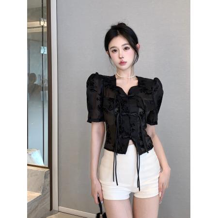 BY13425# 中国风盘扣短袖上衣女夏季新款方领植绒设计感短款小衫潮 服裝批發女裝批發服飾貨源