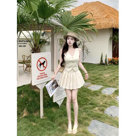 BY13428# 小香风马甲背心百褶套装女夏季小个子老钱风百搭两件套 服裝批發女裝批發服飾貨源