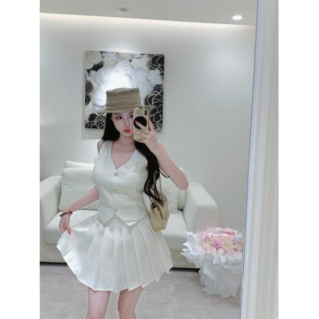 BY13428# 小香风马甲背心百褶套装女夏季小个子老钱风百搭两件套 服裝批發女裝批發服飾貨源