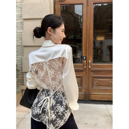 BY13429# 法式高级感蕾丝拼接露背绑带长袖衬衫夏季防晒慵懒上衣 服裝批發女裝批發服飾貨源