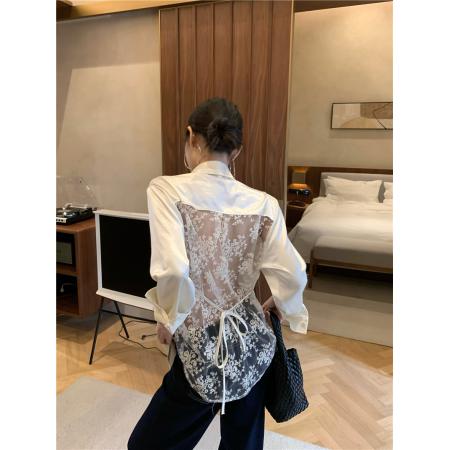 BY13429# 法式高级感蕾丝拼接露背绑带长袖衬衫夏季防晒慵懒上衣 服裝批發女裝批發服飾貨源