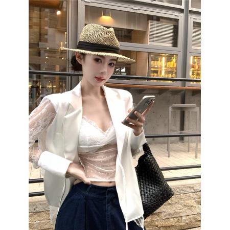 BY13430# 新款拼接亮片蕾丝西服领薄外套时尚醋酸防晒西服女 服裝批發女裝批發服飾貨源