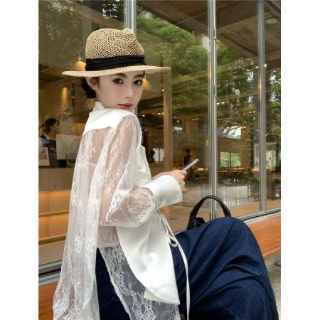 BY13430# 新款拼接亮片蕾丝西服领薄外套时尚醋酸防晒西服女 服裝批發女裝批發服飾貨源