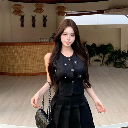 BY13431# 小香风气质花朵修身西装马甲背心百褶半身短裙子套装女 服裝批發女裝批發服飾貨源