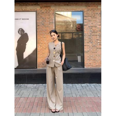 BY13432# 春季西装套装花扣包无袖系带收腰上衣直筒裤两件套 服裝批發女裝批發服飾貨源