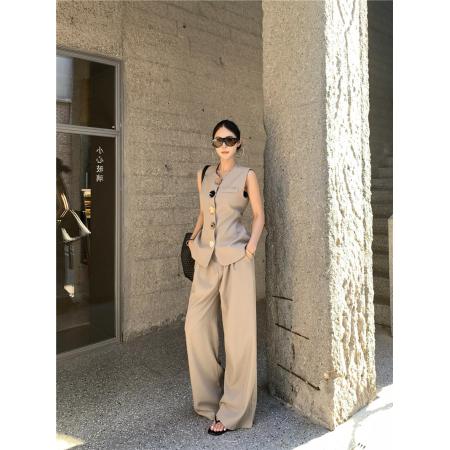 BY13432# 春季西装套装花扣包无袖系带收腰上衣直筒裤两件套 服裝批發女裝批發服飾貨源