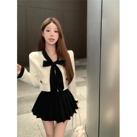 BY13433# 新款法式高级感蝴蝶结撞色西装外套高腰百褶裙套装 服裝批發女裝批發服飾貨源