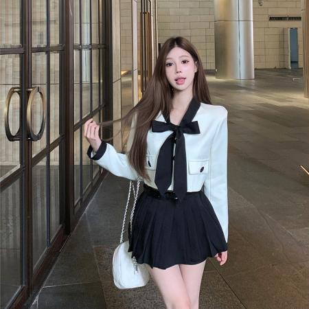 BY13433# 新款法式高级感蝴蝶结撞色西装外套高腰百褶裙套装 服裝批發女裝批發服飾貨源