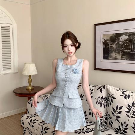 BY13434# 法式小香风气质千金感无袖马甲上衣高腰百褶裙时尚套装 服裝批發女裝批發服飾貨源