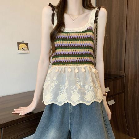 BY13435# 新版韩风设计感钩花镂空拼接背心针织衫 服裝批發女裝批發服飾貨源