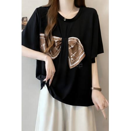 BY13436# 大码女装夏季新款设计感显瘦宽松拼接蝴蝶结丝巾假两件T 服裝批發女裝批發服飾貨源