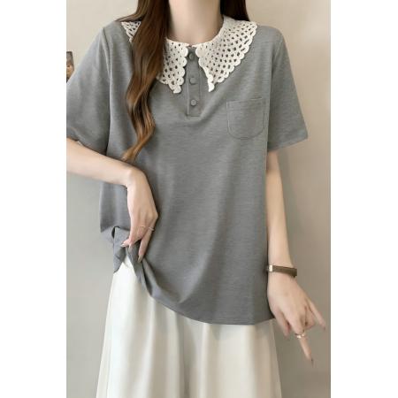 BY13437# 大码女装夏新款小众设计感休闲百搭拼色娃娃领短袖宽松t 服裝批發女裝批發服飾貨源