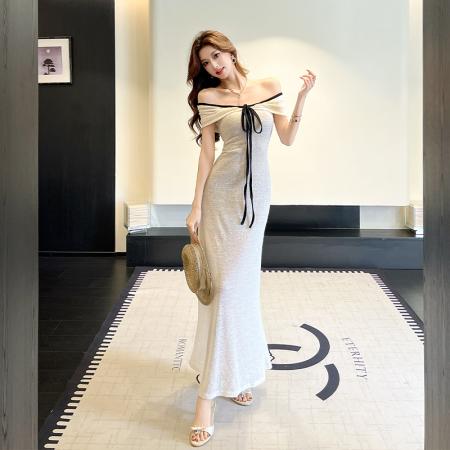 BY13439# 夏季新款浪漫一字肩抹胸系带收腰包臀连衣裙显瘦长裙高级感 服裝批發女裝批發服飾貨源