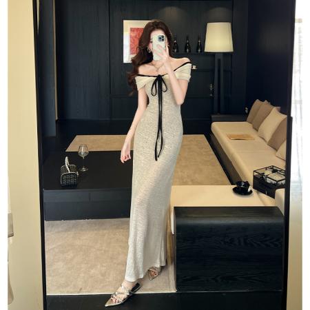 BY13439# 夏季新款浪漫一字肩抹胸系带收腰包臀连衣裙显瘦长裙高级感 服裝批發女裝批發服飾貨源