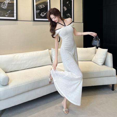 BY13439# 夏季新款浪漫一字肩抹胸系带收腰包臀连衣裙显瘦长裙高级感 服裝批發女裝批發服飾貨源