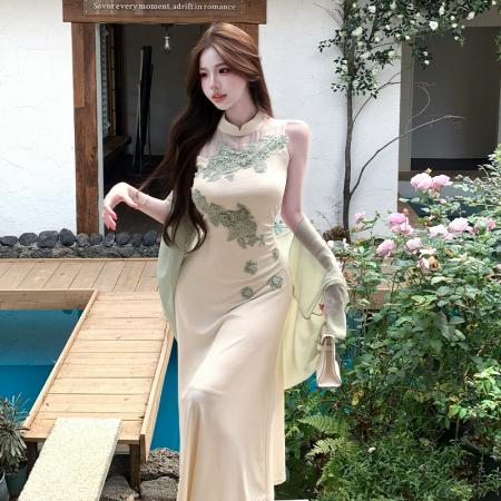 BY13441# 新中式网纱拼接无袖针织连衣裙收腰垂感长裙雪纺披肩开衫两件套夏 服裝批發女裝批發服飾貨源