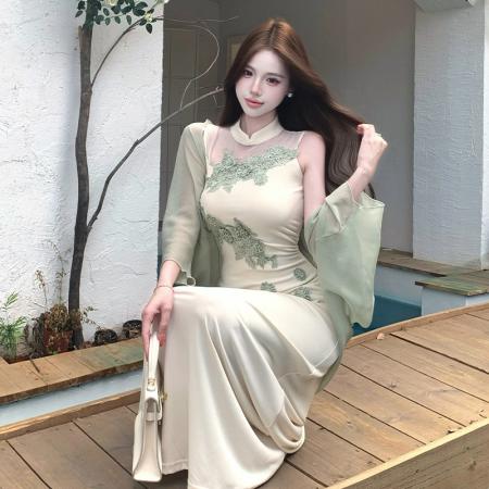 BY13441# 新中式网纱拼接无袖针织连衣裙收腰垂感长裙雪纺披肩开衫两件套夏 服裝批發女裝批發服飾貨源