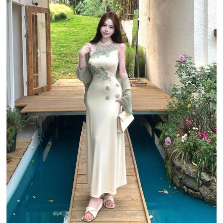 BY13441# 新中式网纱拼接无袖针织连衣裙收腰垂感长裙雪纺披肩开衫两件套夏 服裝批發女裝批發服飾貨源