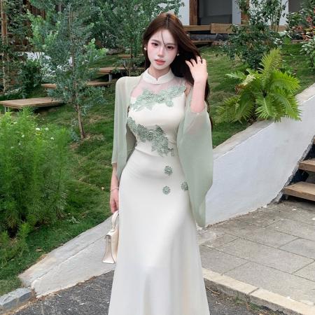 BY13441# 新中式网纱拼接无袖针织连衣裙收腰垂感长裙雪纺披肩开衫两件套夏 服裝批發女裝批發服飾貨源