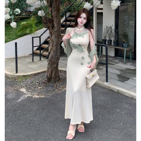 BY13441# 新中式网纱拼接无袖针织连衣裙收腰垂感长裙雪纺披肩开衫两件套夏 服裝批發女裝批發服飾貨源