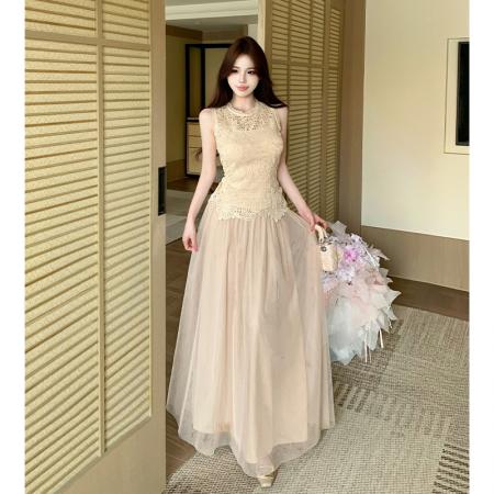 BY13442# 法式气质温柔风水溶蕾丝无袖上衣垂感网纱半身裙时尚两件套夏新 服裝批發女裝批發服飾貨源