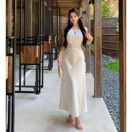 BY13443# 夏季新款高级感无袖吊带连衣裙女缎面拼接蕾丝气质鱼尾长裙潮 服裝批發女裝批發服飾貨源