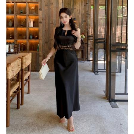 BY13443# 夏季新款高级感无袖吊带连衣裙女缎面拼接蕾丝气质鱼尾长裙潮 服裝批發女裝批發服飾貨源