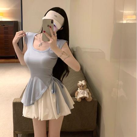 BY13444# 夏季搭配韩系不规则修身绑带方领上衣高腰蓬蓬短裙两件套小个子潮 服裝批發女裝批發服飾貨源