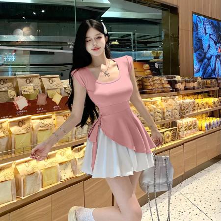 BY13444# 夏季搭配韩系不规则修身绑带方领上衣高腰蓬蓬短裙两件套小个子潮 服裝批發女裝批發服飾貨源