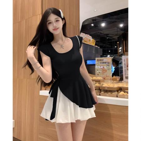 BY13444# 夏季搭配韩系不规则修身绑带方领上衣高腰蓬蓬短裙两件套小个子潮 服裝批發女裝批發服飾貨源