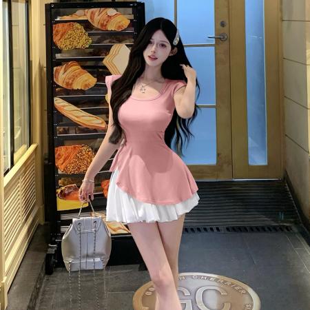 BY13444# 夏季搭配韩系不规则修身绑带方领上衣高腰蓬蓬短裙两件套小个子潮 服裝批發女裝批發服飾貨源