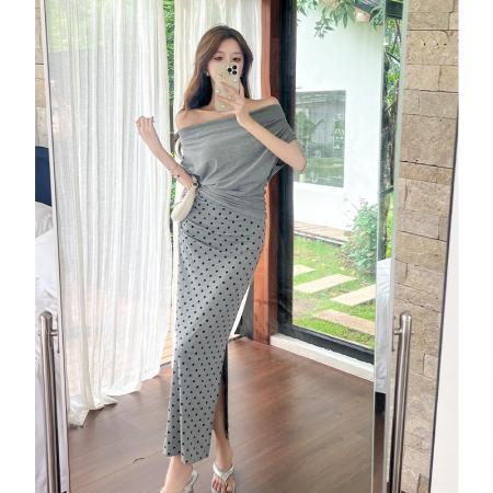 BY13445# 法式斜肩灰色波点上衣半身裙时尚套装女气质穿搭设计感简约两件套 服裝批發女裝批發服飾貨源